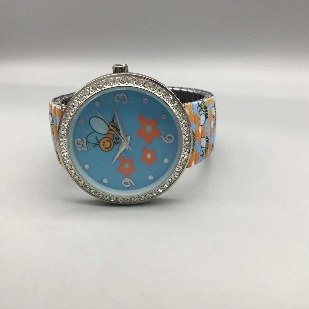 Strada Womens Watch 40mm Blue Bee Floral Dial Rhinestone Stretch New Battery
